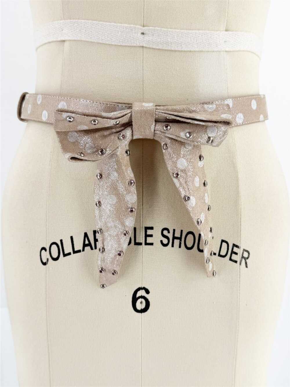 Leatherock Beige Polka Dot Rhinestone Bow Belt O/S